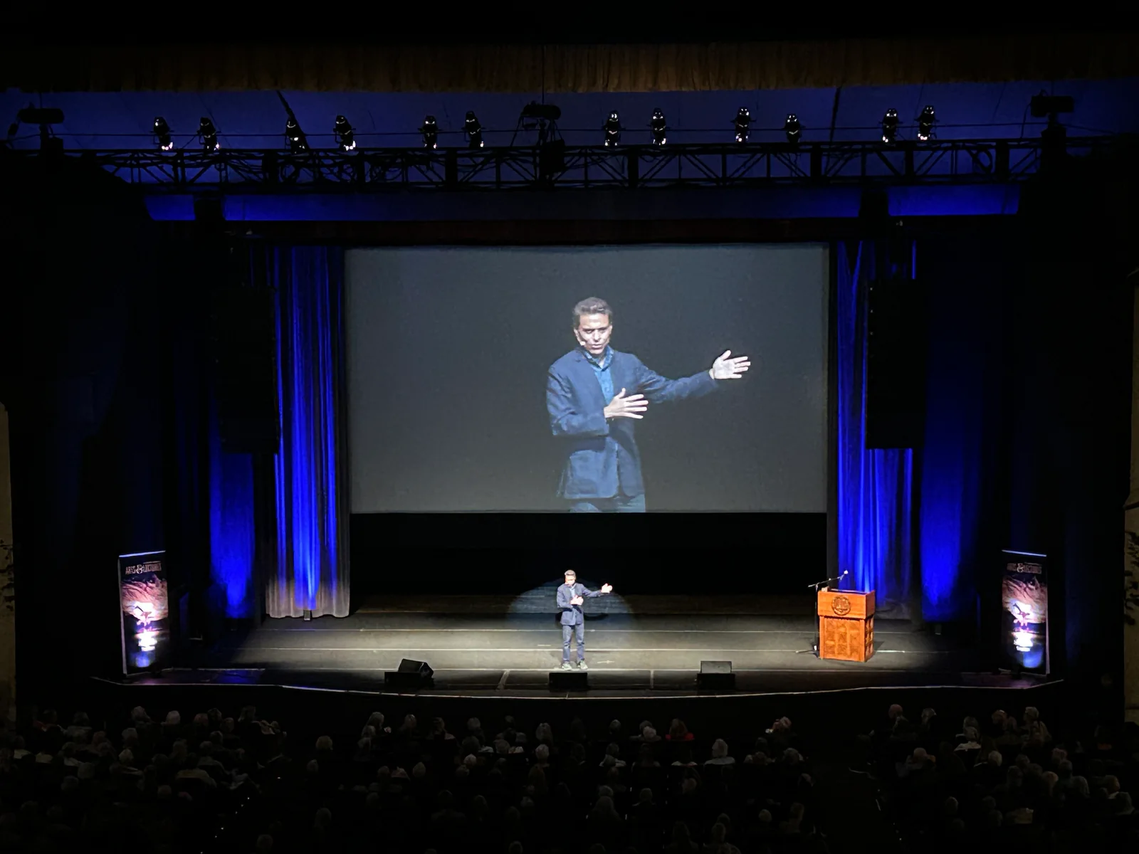 Fareed Zakaria speaking at the Lobero Theatre in Santa Barbara with professional lecture audio support provided by Shadowfax Audio