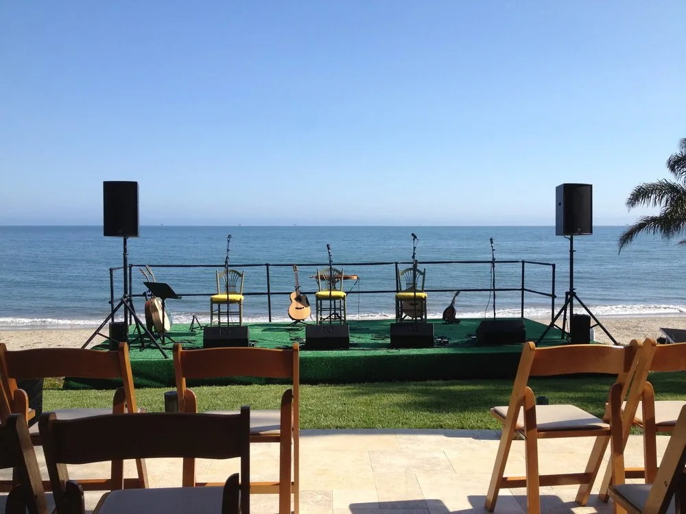 Oceanfront stage prepared for a private live music event in Montecito