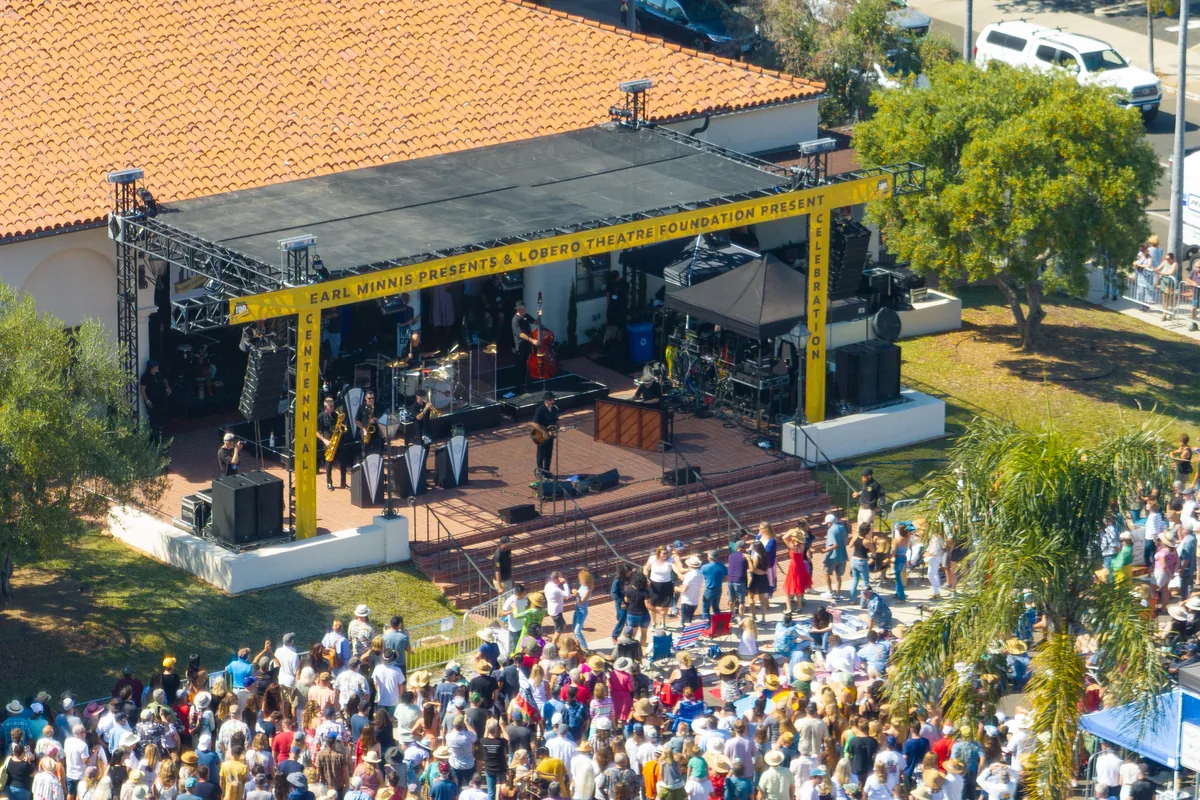 Outdoor Lobero Theatre Block Party performance with professional sound reinforcement